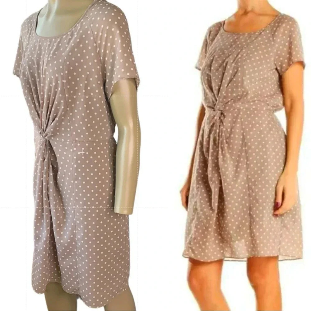 J. Crew Short Sleeve Polka Dot Knot Waist Chiffon Sheath Dress Size 14 Brown Tan